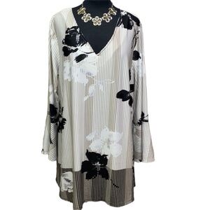 Striped White & Tan With Black Flower Accents